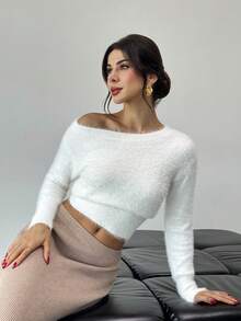 Firerie Women's Elegant Minimalist Casual Daily Warm Fashionable New Oblique Shoulder Waist Cinched Long Sleeve Faux Fur White Sweater, Autumn/Winter - White - View 7