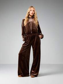 MISSGUIDED Wide Leg Velvet Joggers With Elastic Waistband Relaxed Fit Lounge Pants Comfortable High Rise Drawstring Trousers - Rust Brown - View 4