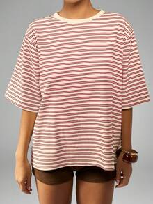 MISSGUIDED Camiseta Listrada Oversized para Mulheres, Casual, Ajuste Solto, Manga Curta, Verão, Primavera, Uso Diário, Confortável, Top Relaxado