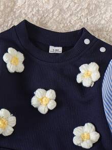 SHEIN Cute & Casual Blue & White Striped Long Sleeve Top Paired With Blue Pants, Floral Decor Newborn Outfit