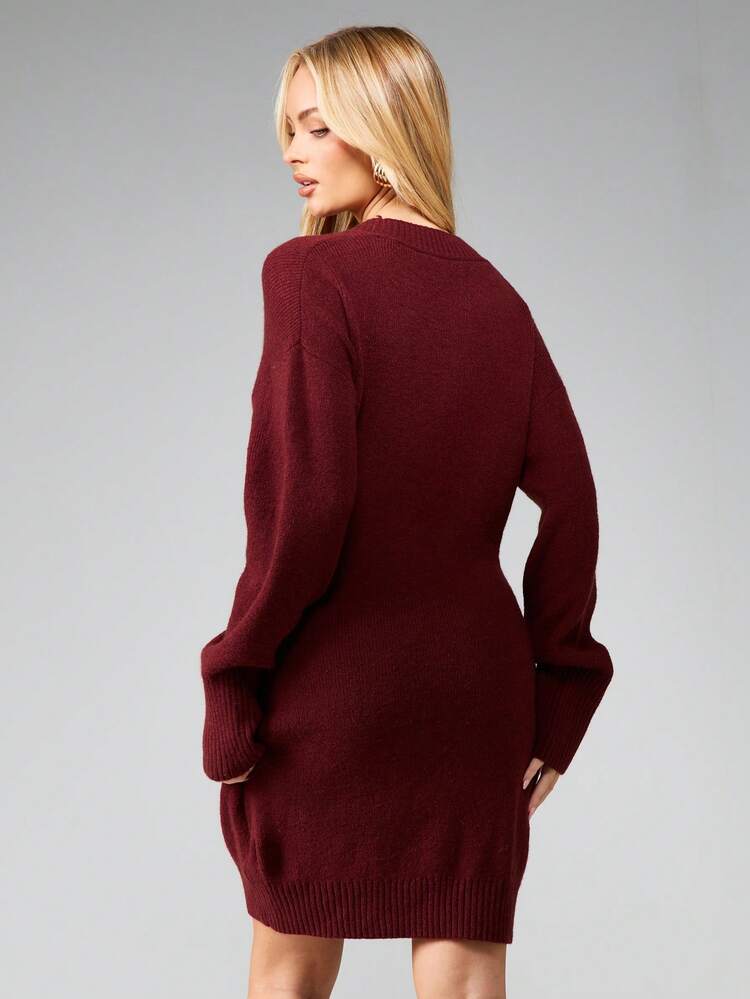 MISSGUIDED Burgundy Ribbed Knit Button Front Long Sleeve V Neck Cardigan Mini Sweater Dress Fall Winter
