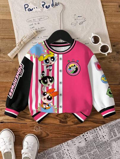THE POWERPUFF GIRLS X SHEIN 年轻女孩休闲拼色花朵、泡泡、毛茛图案圆领运动衫，秋季