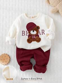 Cozy Pixies 2pcs Baby Boy Cartoon Bear Embroidery Knit Soft Crew Neck Long Sleeve Sweatshirt And Elastic Waist Ankle-Length Pants Thick Thermal Lined Set - Burgundy - View 1
