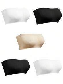 Snug Zone 5pcs Plus Size Women's Solid Color Pleated Bandeau Bra & Wireless Bra Set