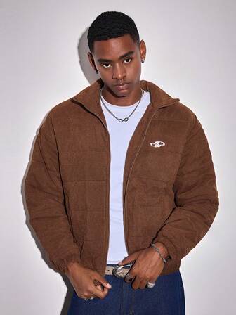 Street Life Men's Letter Embroidered Corduroy Zip-Up Casual Winter Jacket