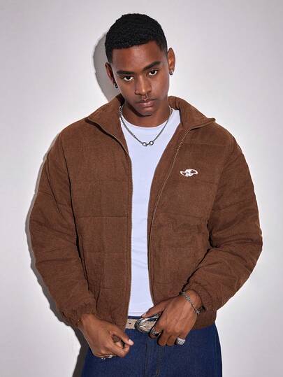 Street Life Men's Letter Embroidered Corduroy Zip-Up Casual Winter Jacket