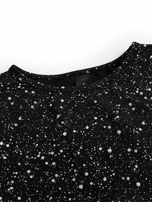 Y2Kool Maglietta a maniche lunghe aderente con stampa a pois in lamina argento, adatta per feste, Ognissanti, streetwear in stile Y2K, collezione di abbigliamento casual e alla moda per autunno/inverno, outfit per Capodanno, top grafici Gyaru, top neri