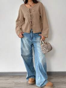 SHEIN EZwear 女士纯色打结长袖开衫，通勤、简约、办公、复古、简约风格，女士系带腰带纯色针织开衫，可搭配T恤、长袖上衣，秋冬季上学上衣 - 卡其色 - 查看 4