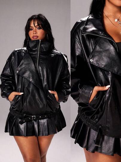 Rustia Plus Size Stylish Street Style Casual Loose Fit Motorcycle Leather Jacket, Autumn