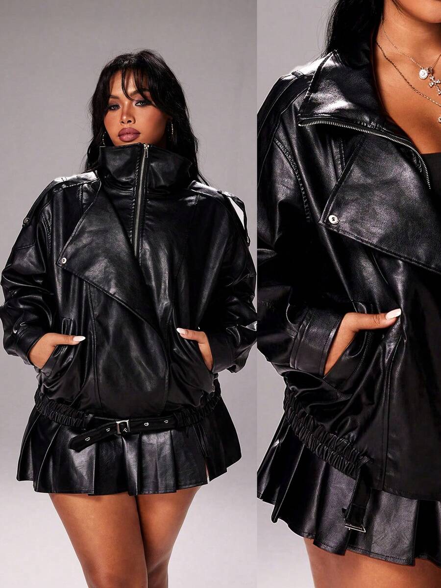 Rustia Jachetă de piele pentru motocicletă, stil stradal, stil casual, croială lejeră, mărime plus, toamnă - Negru - Vizualizare 1