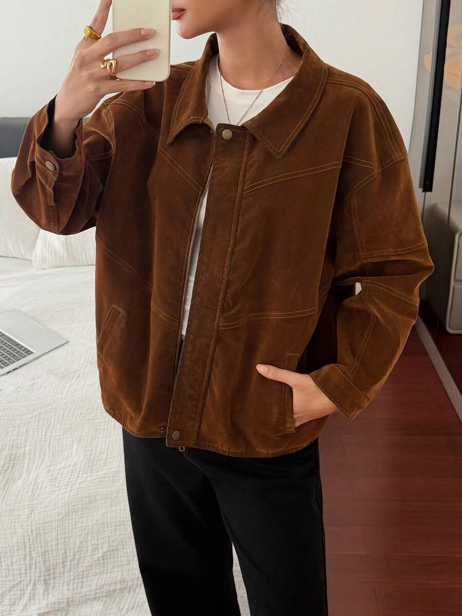 DAZY Thick Flocked Jacket Coat For Women, Loose Casual Hong Kong Style Outerwear, Autumn/Winter - Brown - View 1