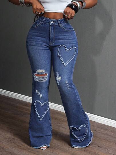 SHEIN SXY Spring Plus Size Women Cowgirl Style Blue Stretch Heart Embroidered Distressed Flare Jeans, Spring