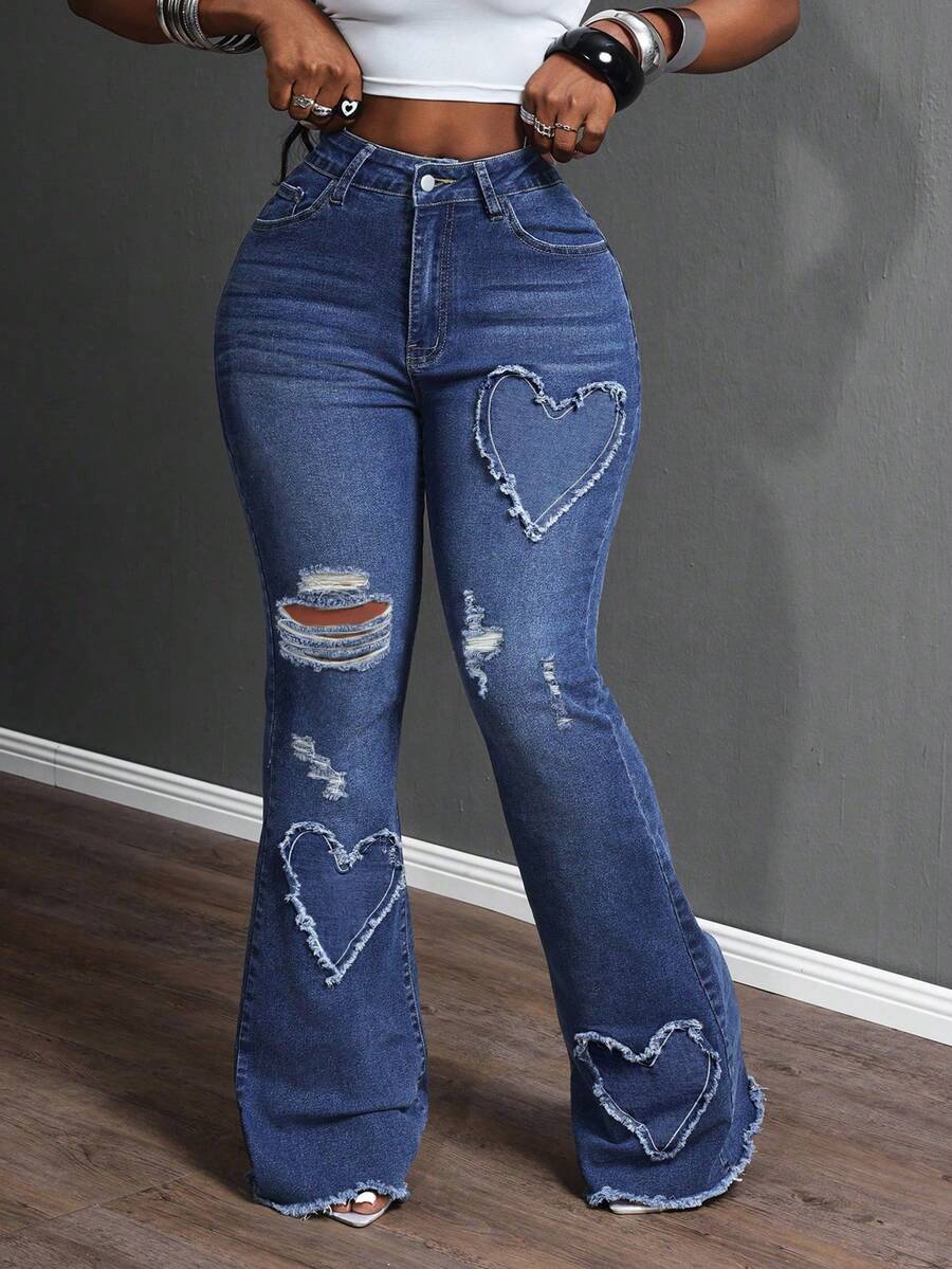 SHEIN SXY Spring Plus Size Women Cowgirl Style Blue Stretch Heart Embroidered Distressed Flare Jeans, Spring - Dark Wash - View 1