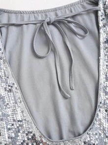 Sweetra Petite Váy sequin cao cấp mới cho mùa thu/đông, váy dự tiệc - Bạc - Xem 5