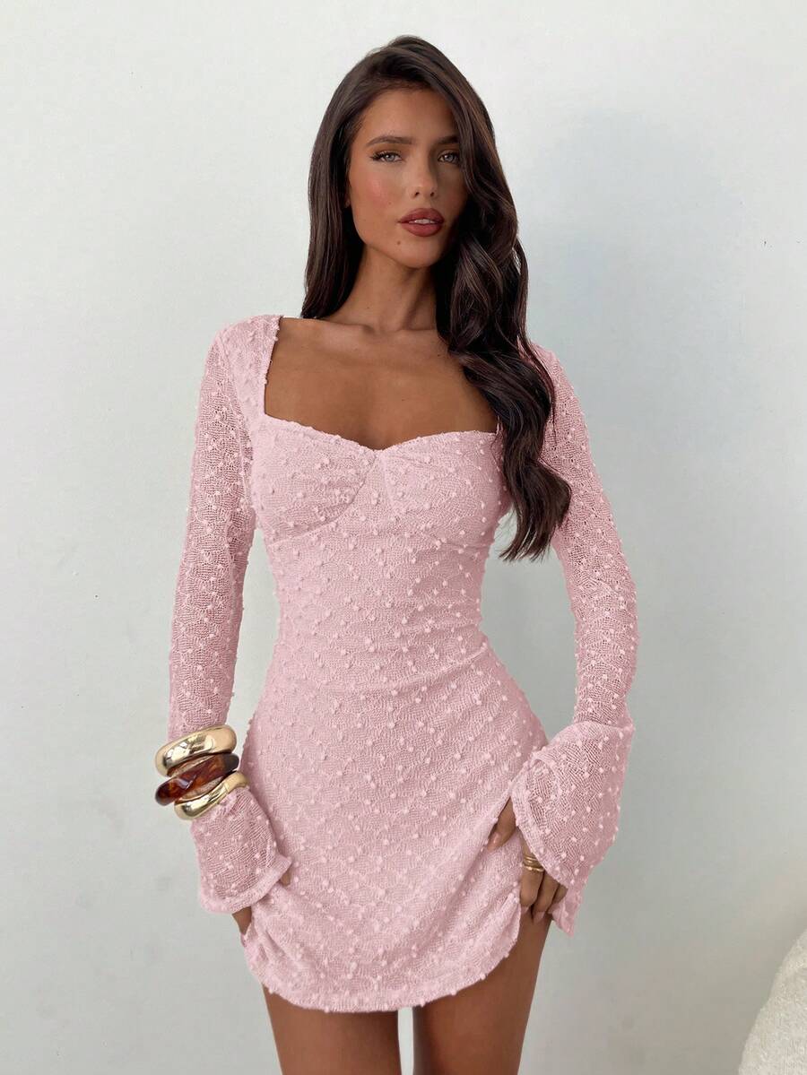 Aloruh Women's Elegant Square Neck Ruched Flare Sleeve Fitted A-Line Mini Dress Pink Long Sleeve Dress Sexy Pink Dress - Baby Pink - View 1