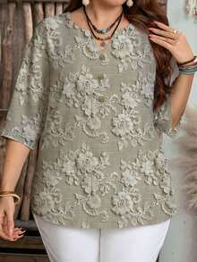 EMERY ROSE Elegant Romantic Embroidery-Like Texture Print Casual Loose Fit Plus Size Shirt, Suitable For Spring & Autumn,Flower/Summer/Vacation - Multicolor - View 4