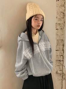 DAZY Tween Girls Lace Patchwork Hooded Fleece Sweatshirt, Fall - Grey - View 5