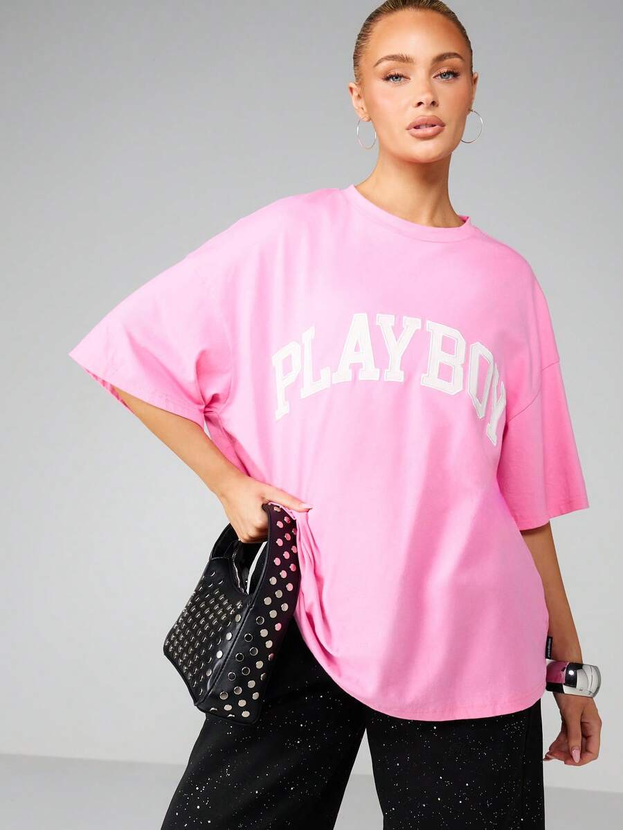 Missguided x Playboy Áo thun họa tiết cỡ lớn cổ tròn tay ngắn mặc thường ngày - Hồng - Xem 1