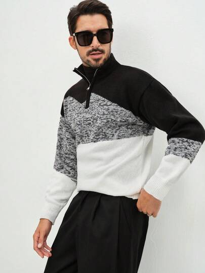 Manfinity CityGents Men's Contrast Color Zip-Up Casual Sweater, Long Sleeve, Autumn/Winter Men Black And White Shirt Long Sleeves Winter