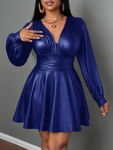 Slaydiva Váy da PU dáng chữ A dài tay xếp ly cổ chữ V tối giản màu trơn dành cho nữ, mùa đông - Màu xanh lam - Xem 2