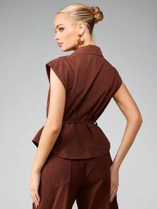 MISSGUIDED Double Breasted Sleeveless Denim Vest With Tie Belt And Wrap Front Design For Casual Everyday Wear - Brown - View 2