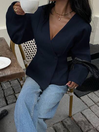 Siren Gaze Women's Solid Color V-Neck Long Sleeve Double-Breasted Casual Jacket Winter Blue Spring