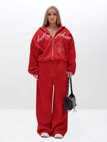 BABYPHAT 宽松运动裤，饰有刺绣标志，休闲居家裤，阔腿慢跑裤，柔软抓绒裤脚，舒适抽绳腰带 - 紅色 - 查看 3