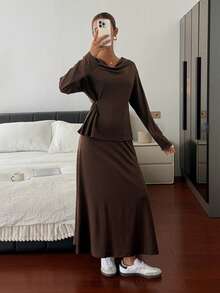 DAZY Women's Solid Color Loose Collar Long Sleeve Top And Midi Skirt Casual 2-Piece Set Lounge Sets For Women - Brown - View 1