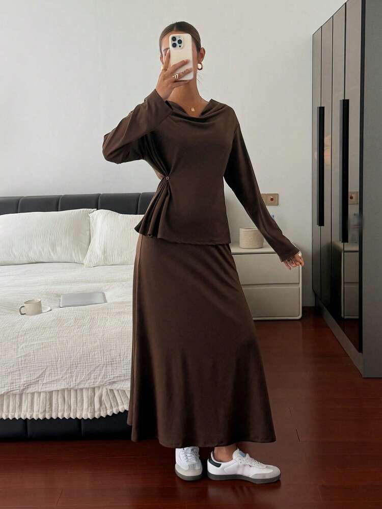 Women's Solid Color Loose Collar Long Sleeve Top And Midi Skirt Casual 2-Piece Set