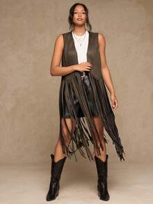 SHEIN VCAY 大码波西米亚西部风无袖流苏铆钉背心外套（女款） - 軍綠色 - 查看 3