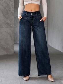 SHEIN Tall سراويل جينز نسائية ذات قدم واسعة متعددة الاستخدامات بلون أحادي - أزرق داكن - مشاهدة 9