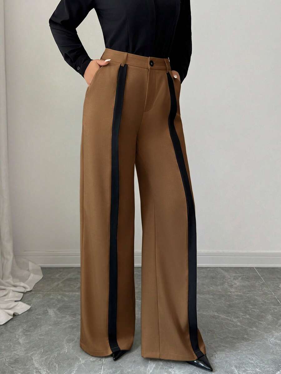 SHEIN Tall 女士休闲阔腿裤，带口袋和拉链，优雅商务通勤裤，卡其色搭配黑色，适合秋冬季节、约会、上学、工作等场合。 - 棕色 - 查看 1