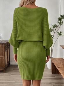 SHEIN LUNE 女士纯色灯笼袖罗纹修身针织连衣裙 - 綠色 - 查看 2
