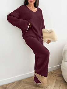 EURMUSE Women's Ribbed Knit Sweater Beige Pullover Suitable For Winter - Burgundy - View 5