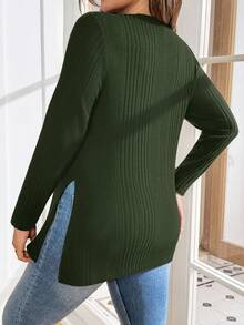 SHEIN Essnce Plus Size Women's Spring And Autumn Fashion Casual High Elastic Comfortable Daily Slim Brushed V-Neck Long-Sleeved Green Top,Fall,Simple Style,Going Out Tops,Christmas - Army Green - View 2