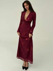 Aloruh 女士酒红色亮片深V领垂褶长款派对连衣裙 - 酒紅色 - 查看 3