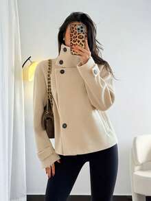 SHEIN Franclia Áo khoác len cổ lọ ngắn thông thường dành cho nữ, Áo khoác ngoài đi làm thời trang, Áo len cài nút thu/đông cho nữ Áo len mùa thu cho nữ Áo mùa đông cho nữ Áo khoác cardigan cài nút - Màu Khaki - Xem 4