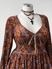 Sunspun Váy ngắn chữ A tay dài bằng nhung thời trang cổ chữ U họa tiết hoa nhỏ xinh xắn eo thun - màu nâu - Xem 6