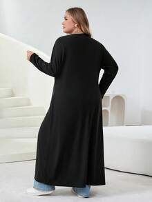 SHEIN CURVE+ 加大码纯色修身纽扣休闲开衫，女式秋季冬季服装 - 黑色 - 查看 2