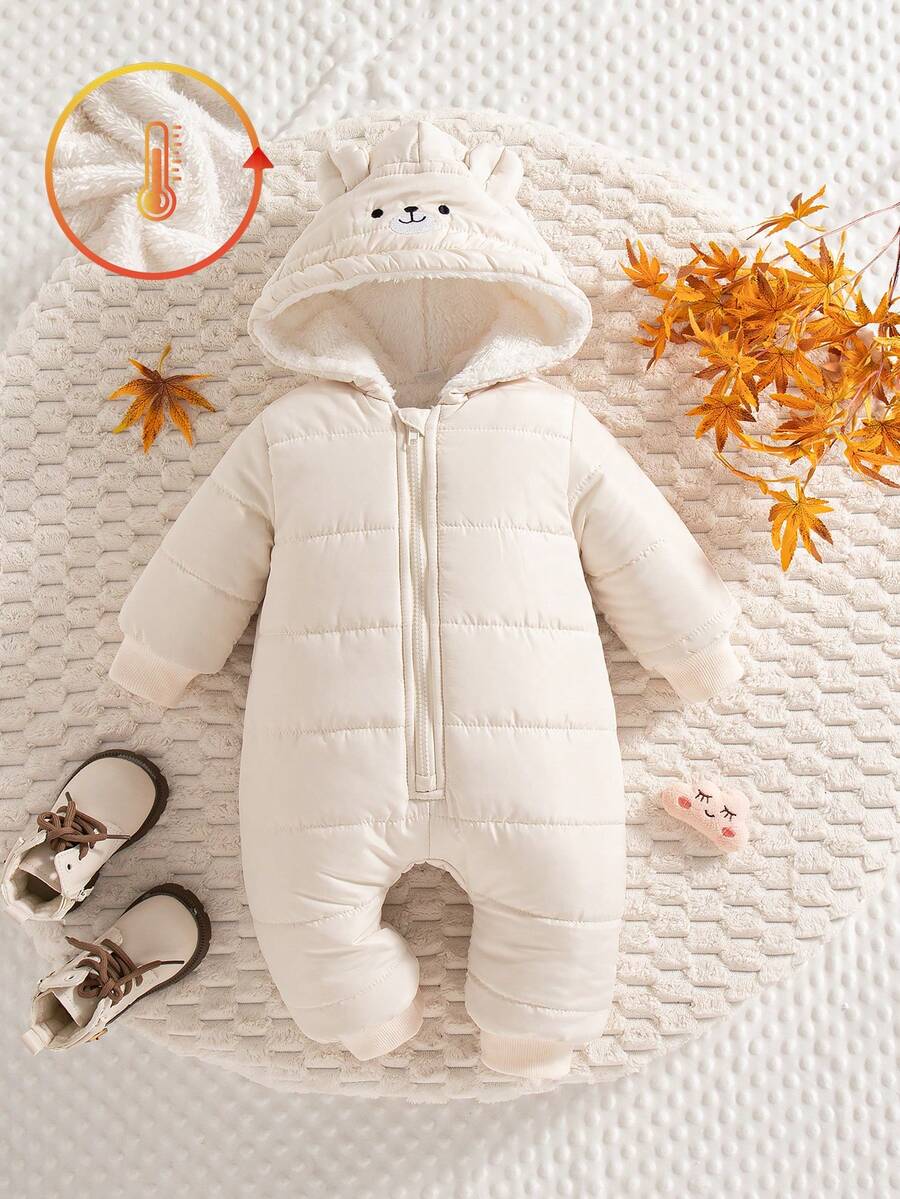 SHEIN Playful Pals 1件装女婴冬季新款2020拉链连帽连体衣,饰有刺绣熊耳朵,罗纹袖口和下摆,日常休闲保暖装扮 - 杏色 - 查看 1