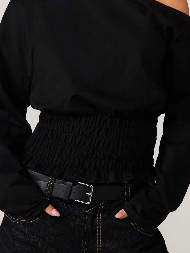 MISSGUIDED Blusa con spalle scoperte, maniche lunghe, vita arricciata, top casual autunnale e invernale