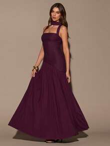 SHEIN BAE Váy xếp nếp lệch eo dành cho nữ, màu đỏ rượu, thích hợp cho tiệc cocktail, buổi hẹn hò lãng mạn, tiệc trang trọng, đám cưới, phù dâu, váy dạ hội, Halloween, ngày lễ Giáng sinh, ngày lễ tình nhân - Màu Đỏ Sâu - Xem 4