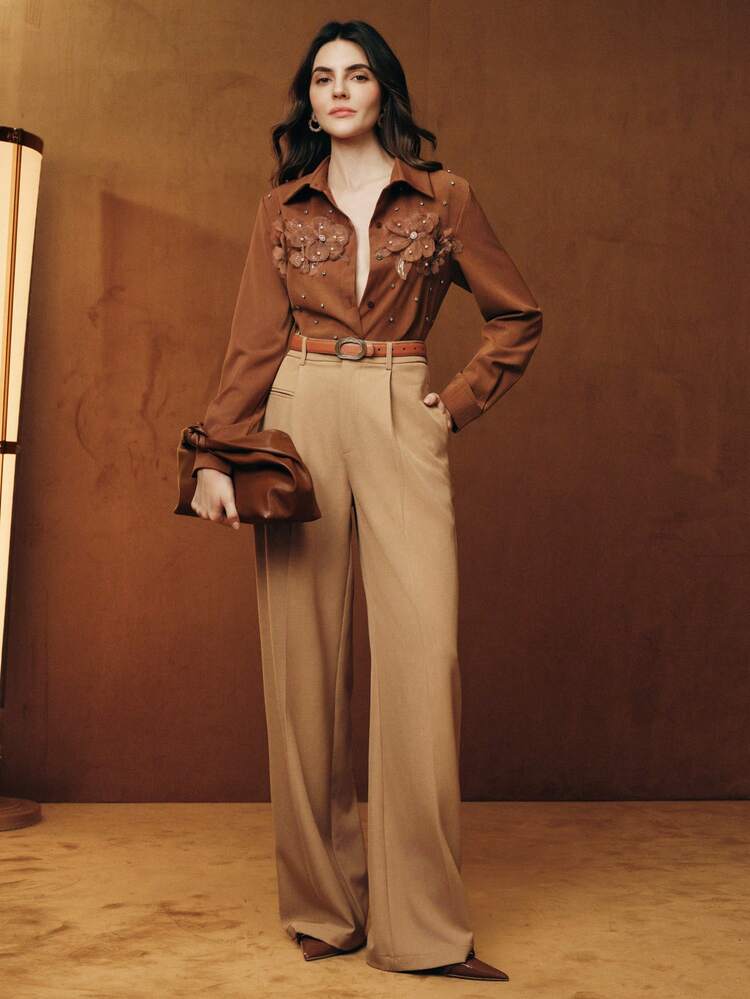 エレガントな女性用フローラルラインストーンデコレーション3Dフラワークラフトブラウス、職場、通勤、秋、冬、春、新年、パーティー、結婚式、シック、スタイリッシュ、カジュアル、仕事、感謝祭、卒業、クリスマスに適しています