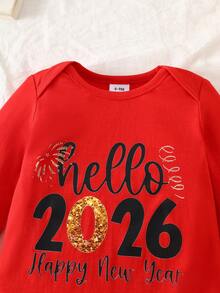 SHEIN 嬰兒 0-3歲「Hello 2026 Happy New Year」字母印花長袖連身衣與配套帽子，適合四季、戶外、休閒穿著 - 紅色 - 查看 5