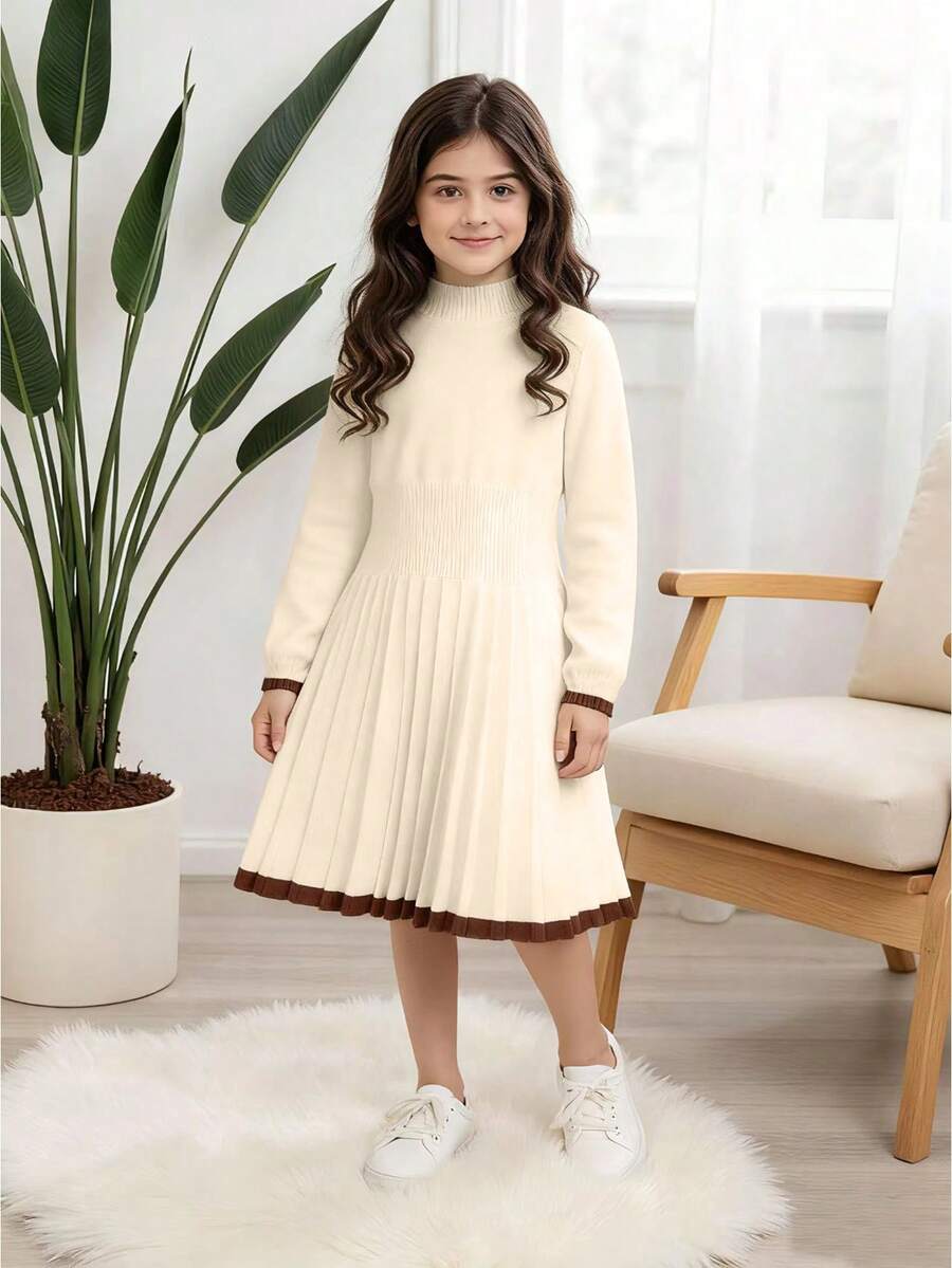 Tween Mädchen (große Teenager) Neuer Herbst/Winter Minimalistisches High-End Langarm Plissee Strickkleid, Saum und Manschetten mit subtiler Kontrastfarbe, modisches und vielseitiges gestricktes Kleid