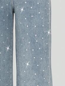 SHEIN Explorewe Tween GirlsGrey Fashionable Casual Rhinestone Embellished Loose Wide-Leg Washed Denim Jeans - Blue - View 8