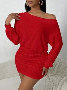 SHEIN SXY 1 buah Gaun Mini Ketat Berkerut Warna Polos Tanpa Bahu, Gaun Merah untuk Wanita, Gaun Natal Lengan Panjang Tanpa Bahu Kasual Nyaman Ketat - Merah - View 6