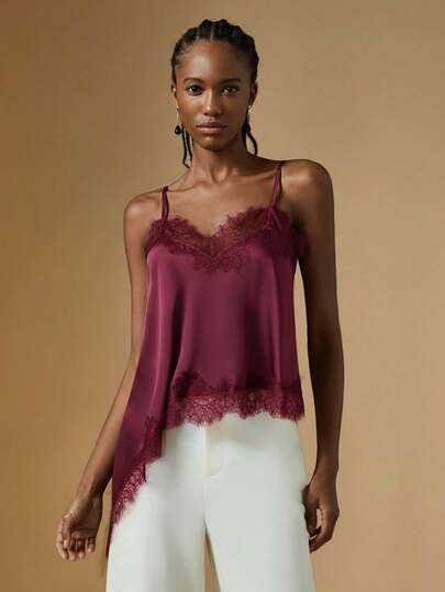 Briarwyn Women's Solid Color Spaghetti Strap Lace Trim Fashionable Sexy Camisole,Red Top,Red Tops For Women