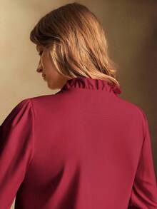 Écloséra 女式长袖褶皱荷叶边系带衬衫，优雅的春秋季女式衬衫 - 酒紅色 - 查看 2