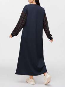 Modelyn 女士格子拼接圆领落肩长袖休闲口袋卫衣裙 - 藏蓝色 - 查看 2